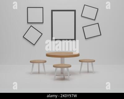 Fotorahmen im Esszimmer mit Holzstühlen und Tisch. Abstraktes, minimalistisches Design im Speisesaal. 3D-Rendering, 3D-Illustration Stockfoto