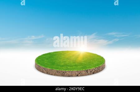 3D Rendering, Kreis Podium der Landwiese. Bodenquerschnitt mit grünem Gras über blauem Himmel Hintergrund. Stockfoto