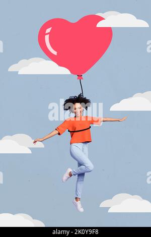 Composite Collage Bild von aufgeregt niedlich liebenswert Frau fliegen hängen großen Herzen rosa Ballon aerostat Feier Agentur Service Romantik Stockfoto