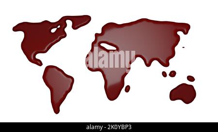 Welt- oder Globalkarte, die durch verschüttetes Blut oder verflüssigtes Rot erstellt wurde. 3D Rendern. Stockfoto