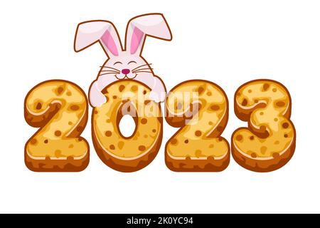 Biskvit Kekse mit 2023 und Kaninchen. Neujahr 2023, Grußkartenvorlage Stock Vektor