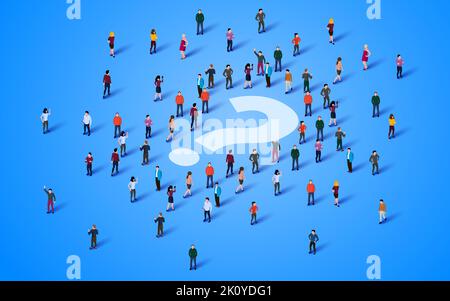 Eine große Gruppe von Menschen, die um ein Fragezeichen stehen. Menschenmenge. Vektorgrafik Stock Vektor
