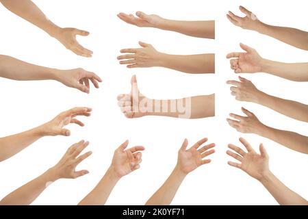 Set von jungen Mann die Hand verschiedene Gestik, isoliert auf weißem Hintergrund gehören Clipping Pfad. Stockfoto