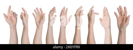 Gruppe von männlichen Händen Gesten isoliert auf weißem Hintergrund enthalten Clipping-Pfad. Stockfoto