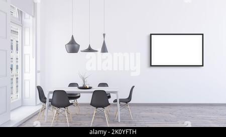 3D Ausführung eines leeren horizontalen schwarzen Rahmens im Nachbau-Design in einem hellen Esszimmer mit Holzeichenboden Stockfoto