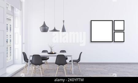 Drei leere quadratische schwarze Rahmen imitierten das Design in einem hellen Esszimmer mit Holzeichenboden 3D Render. Stockfoto