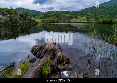 Treffen der Gewässer, Killarney.. Hier verschmelzen alle drei herrlichen Seen von Killarney mit der alten Weir Bridge. Stockfoto