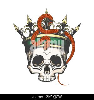 Tattoo of Human Skull in Crown and Snake isoliert auf weiß. Vektorgrafik. Stock Vektor