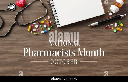 Der National Pharmacists Month wird jedes Jahr im Oktober beobachtet, um die Beiträge der Apotheker zur Gesundheitsversorgung anzuerkennen und die positiven Auswirkungen zu teilen Stockfoto