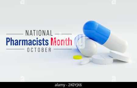 Der National Pharmacists Month wird jedes Jahr im Oktober beobachtet, um die Beiträge der Apotheker zur Gesundheitsversorgung anzuerkennen und die positiven Auswirkungen zu teilen Stockfoto