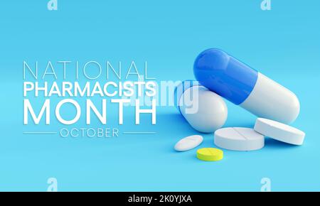 Der National Pharmacists Month wird jedes Jahr im Oktober beobachtet, um die Beiträge der Apotheker zur Gesundheitsversorgung anzuerkennen und die positiven Auswirkungen zu teilen Stockfoto