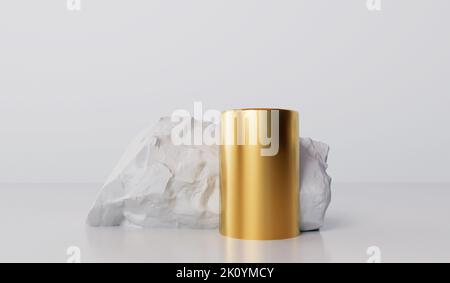 Abstrakter weißer Steinfelsen mit goldenem Podium. Produkt- und kosmetische Displays präsentieren Hintergrund. 3D Rendering Stockfoto