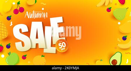 Banner für Herbstangebote. Horizontales Banner mit hellen Früchten auf orangefarbenem Hintergrund. Layout Design-Vorlage. Vektorgrafik mit Kopierbereich. Stock Vektor