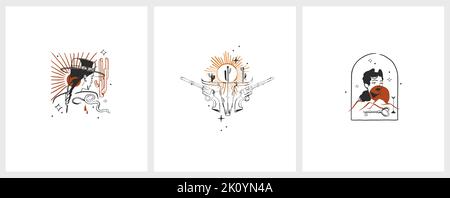Handgezeichnete abstrakte Vektor Grafik Cliparts Illustrationen Logo Set Kompositionen.Wild Western Design Konzept.Böhmische wilden Westen zeitgenössische Kunst.Cowboy Stock Vektor