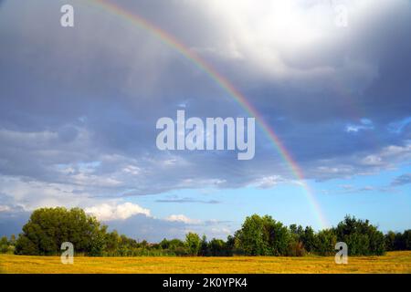 Regenbogen auf dem Hintergrund von Sturmwolken über einer gemähten Wiese Stockfoto