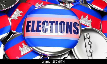 Kambodscha und Wahlen - Dutzende von Rücksteckknöpfen mit einer Flagge Kambodschas und einem Wort Wahlen. 3D symbolisieren anstehende Wahlen in diesem Land Stockfoto