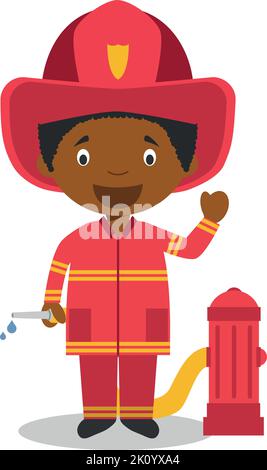 Niedliche Cartoon-Vektor-Illustration eines schwarzen oder afroamerikanischen männlichen Feuerwehrmann. Stock Vektor