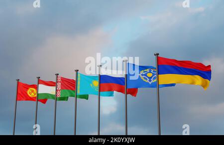 Organisation des Vertrags über die kollektive Sicherheit von CSTO gegen den Krieg Armenien und aserbaidschan, Unterstützung Armenien, Flaggen CSTO auf blauem Himmel Hintergrund, 3D Arbeit und 3D il Stockfoto