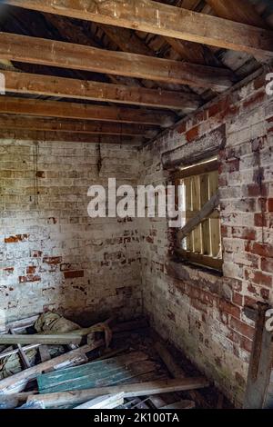 Vernageltes Fenster in einem verlassenen, verlassenen Haus in St. Cyrus NNR, aberdeenshire, schottland, großbritannien Stockfoto