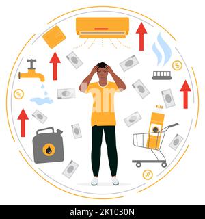 Vektorgrafik der Mensch ist aufgebracht. Steigende Preise. Hohe Preise für natürliche Ressourcen. Verbindlichkeiten von Energieversorgungsunternehmen. Einsparung von Haushaltsbudget. Höhere Kosten. Geld. Gestresst Stock Vektor