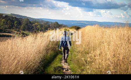 Eine Frau, die eine Tasche trägt, geht auf dem South Downs Way-Fernwanderweg in West Sussex, Großbritannien. Stockfoto