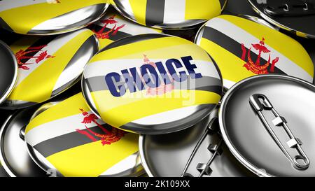 Choice in Brunei Darussalam - Nationalflagge von Brunei Darussalam auf Dutzenden von Rückendetasten, die die bevorstehende Wahl in diesem Land symbolisieren. ,3D illustre Stockfoto