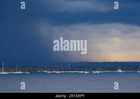 Wasserspeier am Strand von Ses Covetes, Sa Rapita, Mallorca, Balearen, Spanien Stockfoto