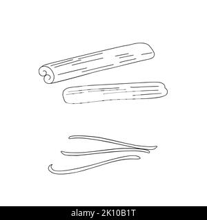 Zimt- und Vanillestäbchen Gewürze Set einfache Kontur Doodle Vektor Illustration, Weihnachten, Silvester festliche Ferienhaus Dekor, saisonale Grußkarte, Einladung, Banner Stock Vektor