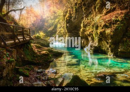 Berühmte und beliebte Schlucht der Vintgar-Schlucht mit Holzweg in schönen Herbstfarben in der Nähe des Bleder Sees des Triglav-Nationalparks in Slowenien Stockfoto