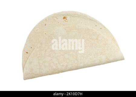 Weizenrunde Tortilla oder Pita-Lavasch-Rundbrot von oben, isoliert auf weißem Hintergrund Stockfoto