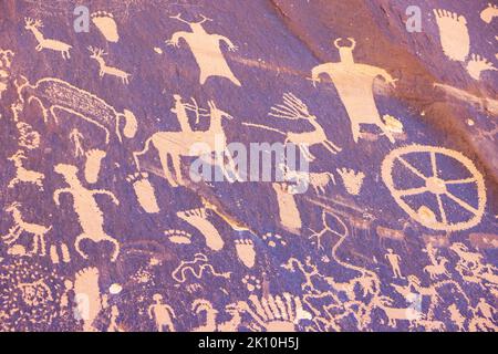 Petroglyphs Newspaper Rock in San Juan County, Utah, ist mit Hunderten von Petroglyphen bedeckt. Stockfoto