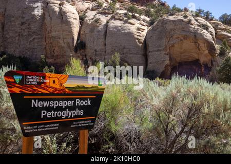 Petroglyphs Newspaper Rock in San Juan County, Utah, ist mit Hunderten von Petroglyphen bedeckt. Stockfoto