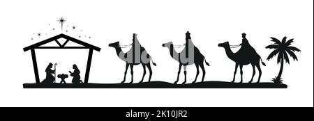 Weihnachtskrippe mit Baby Jesus, Maria und Joseph in der Krippe.traditionelle christliche weihnachtsgeschichte. Vektorgrafik für Kinder. Stock Vektor