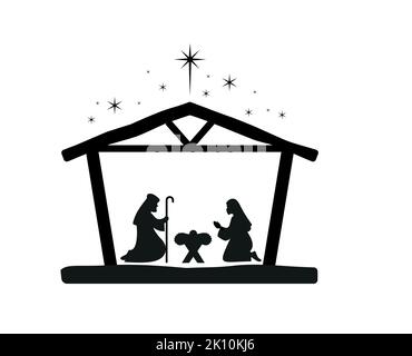 Weihnachtskrippe mit Baby Jesus, Maria und Joseph in der Krippe.traditionelle christliche weihnachtsgeschichte. Vektorgrafik für Kinder. Stock Vektor