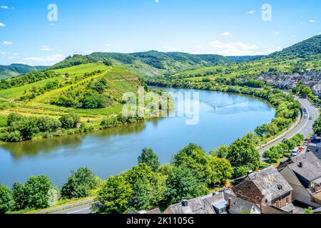 Blick über das Moseltal in Piesport, Deutschland Stockfoto