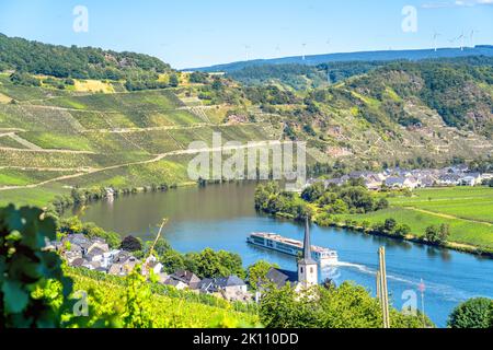 Blick über das Moseltal in Piesport, Deutschland Stockfoto