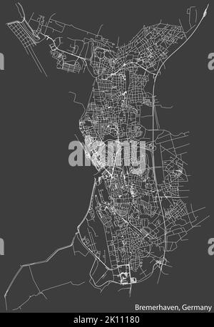 Detaillierte Negativnavigation weiße Linien urbane Strasse Straßen Karte der deutschen Landeshauptstadt BREMERHAVEN, DEUTSCHLAND auf dunkelgrauem Hintergrund Stock Vektor