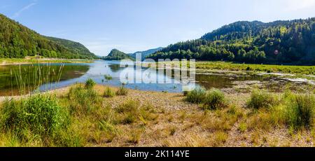 Landschaft am See Lac de Kruth-Wildenstein im Elsass, Frankreich mit blauem Himmel, grünen Wäldern und Gras im Sommer Stockfoto