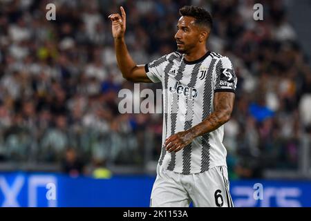 Turin, Italien. 14. September 2022. Danilo Luiz Da Silva vom FC Juventus reagiert während des Champions League-Fußballspiels der Gruppe H zwischen dem FC Juventus und Benfica am 14.. September 2022 im Juventus-Stadion in Turin (Italien). Foto Giuliano Marchisciano/Insidefoto Kredit: Insidefoto di andrea staccioli/Alamy Live News Stockfoto