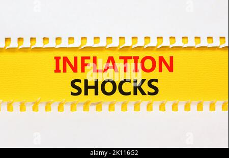 Symbol für Inflationsschocks. Konzept Worte Inflation Schocks auf gelbem und weißem Papier. Schöner gelber und weißer Hintergrund. Die Inflation der Unternehmen schockt die CO Stockfoto