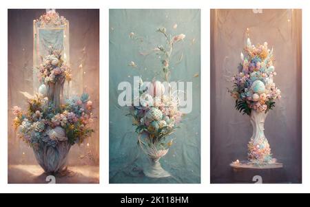 Ein pastellfarbener Blumenstrauß in einer weißen Porzellanvase steht vor einem eleganten Spiegelfantasiegemälde im Kunststil. 3D digitale Kunstzeichnung Stockfoto