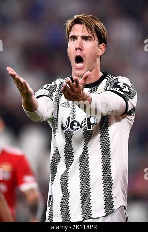 Turin, Italien. 14. September 2022. Dusan Vlahovic vom FC Juventus reagiert während des UEFA Champions League-Fußballspiels zwischen dem FC Juventus und SL Benfica. Kredit: Nicolò Campo/Alamy Live Nachrichten Stockfoto