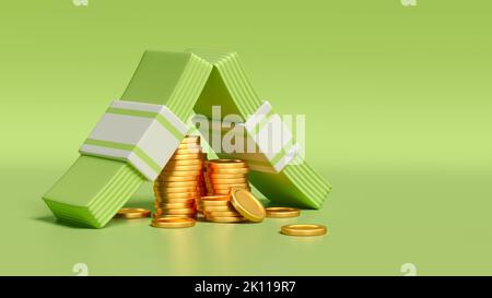 Unterstand aus Dollar-Banknoten-Packs für Goldmünzen-Stapel, geschützte Goldmünzen Haufen auf grünem Hintergrund. Abbildung: Stapel von Bargeldern. 3D RE Stockfoto