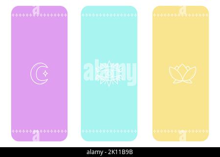 Set mit drei Yoga-Matten-Designs. Weiche Farben mit minimalistischen Zen-Elementen. Camping oder Fitness Teppich Symbol Vektorbild Stock Vektor