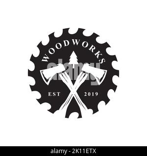 Holz arbeiten Symbol Logo Design. Kreative Ikone für die Schreinerei. Sägewerk mit Baumdarstellung für Holzwerkfirma Stock Vektor