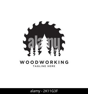 Holz arbeiten Symbol Logo Design. Kreative Ikone für die Schreinerei. Sägewerk mit Baumdarstellung für Holzwerkfirma Stock Vektor