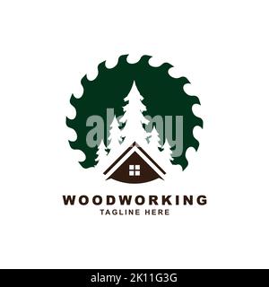 Holz arbeiten Symbol Logo Design. Kreative Ikone für die Schreinerei. Sägewerk mit Baumdarstellung für Holzwerkfirma Stock Vektor