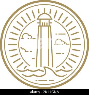 Küstenstrand mit Leuchtturmlogo-Designvorlage. Kreative Inspiration für das Leuchtturmlogo Stock Vektor