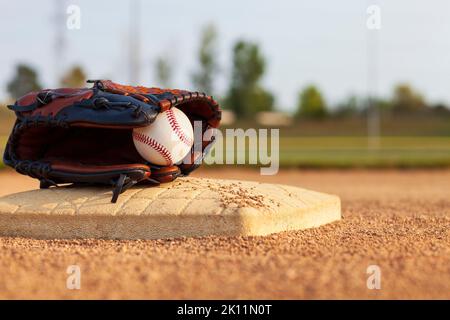 Selektiver Fokus eines Baseballs in einem Lederhandschuh auf einer Basis eines Baseballparks im Spielfeld an einem sonnigen Tag Stockfoto