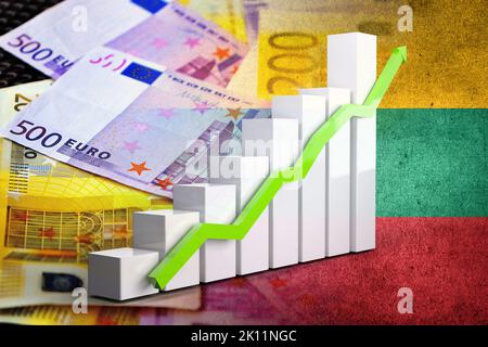 Wirtschaftsdiagramm: Steigender Pfeil, Bargeld-Euro-Banknoten und Litauen-Flagge (Geld, Wirtschaft, Unternehmen, Finanzen, Krise) Stockfoto